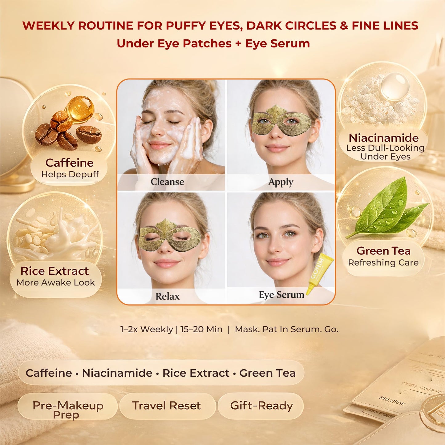 GONIM Under Eye Patches PDRN Eye Wrinkle Patches with Eye Serum, Retinol Collagen Eye Masks for Puffy Eyes and Dark Circles, Anti Aging Cream-Silk Texture Under Eye Mask, Gifts for Women 4 pcs