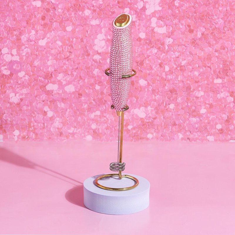 Paris Hilton Electric Rhinestone Handheld Milk Frother with Double Coil Head Whisk and Gold Metal Stand, Battery Powered (2 AA Batteries Required but Not Included), Pink