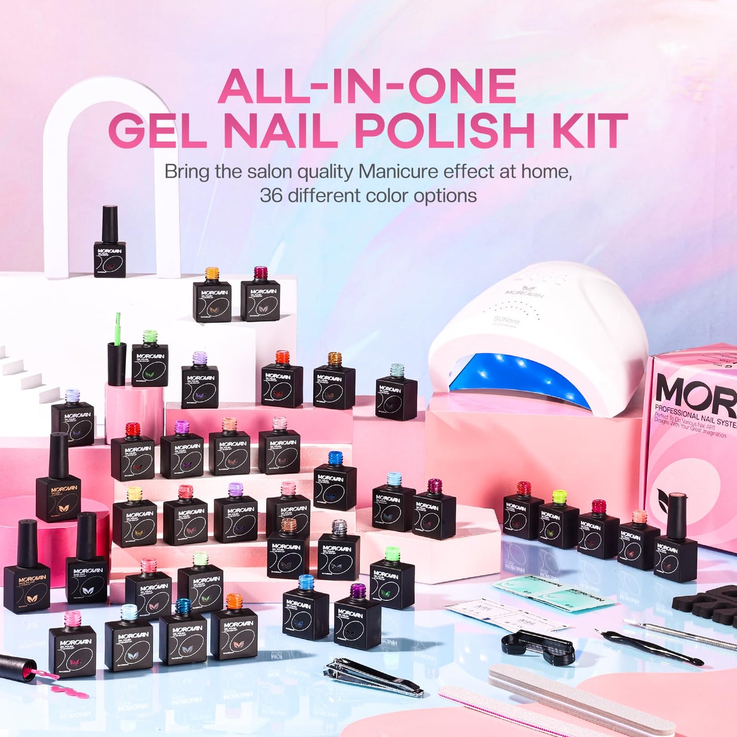 Morovan Gel Nail Polish Kit: 36 Colors Gel Nail Polish Set with with U V Light Soak Off Gel Nail Kit with Pure & Glitter Gel Polish for Beginner Nail Art DIY Manicure