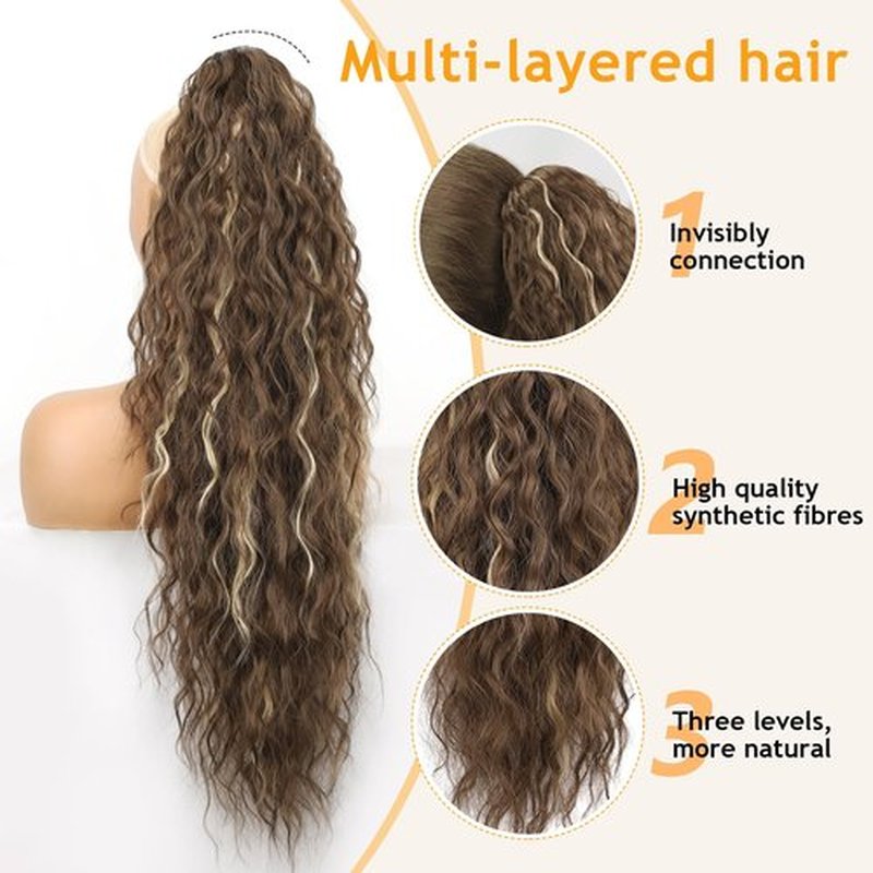 ORSUNCER Ponytail Extension Claw 30" Curly Pony Tail Clip in Claw Hair Extensions Fluffy Natural Looking Synthetic Hairpiece for Women Chocolate Brown Highlight