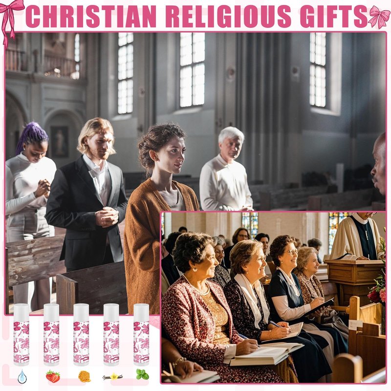 Sacubee 25 Pack Pink Bow Christian Gifts Bulk for Women Men Religious Lip Balms Bulk Church Party Favors Christmas Party Gifts Stocking Stuffers Bible Verse Study Supplies for Employee Staff Coworkers
