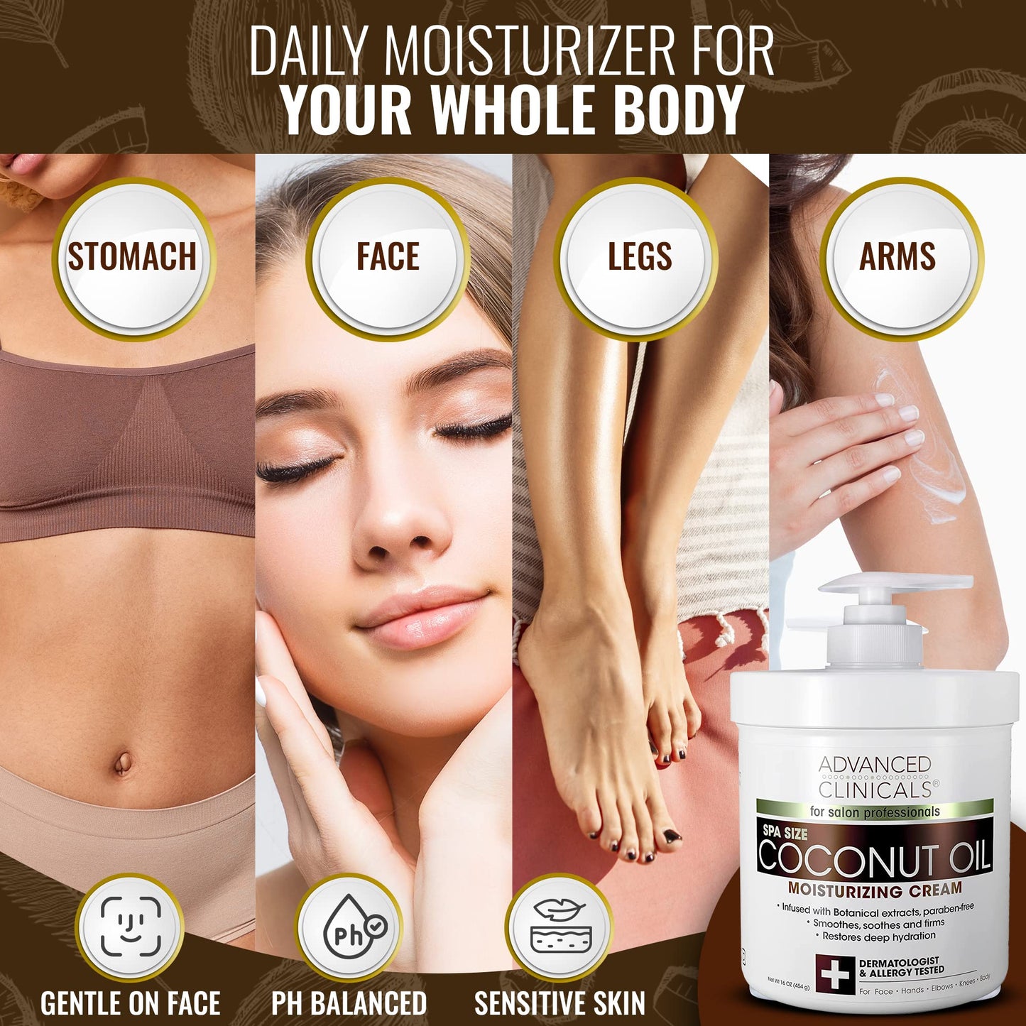 Advanced Clinicals Coconut Body Lotion Moisturizing Cream & Face Lotion For Women & Men | Natural Coconut Cream Oil Moisturizer Body Butter Skin Care Balm For Dry Skin, Large 16 Oz
