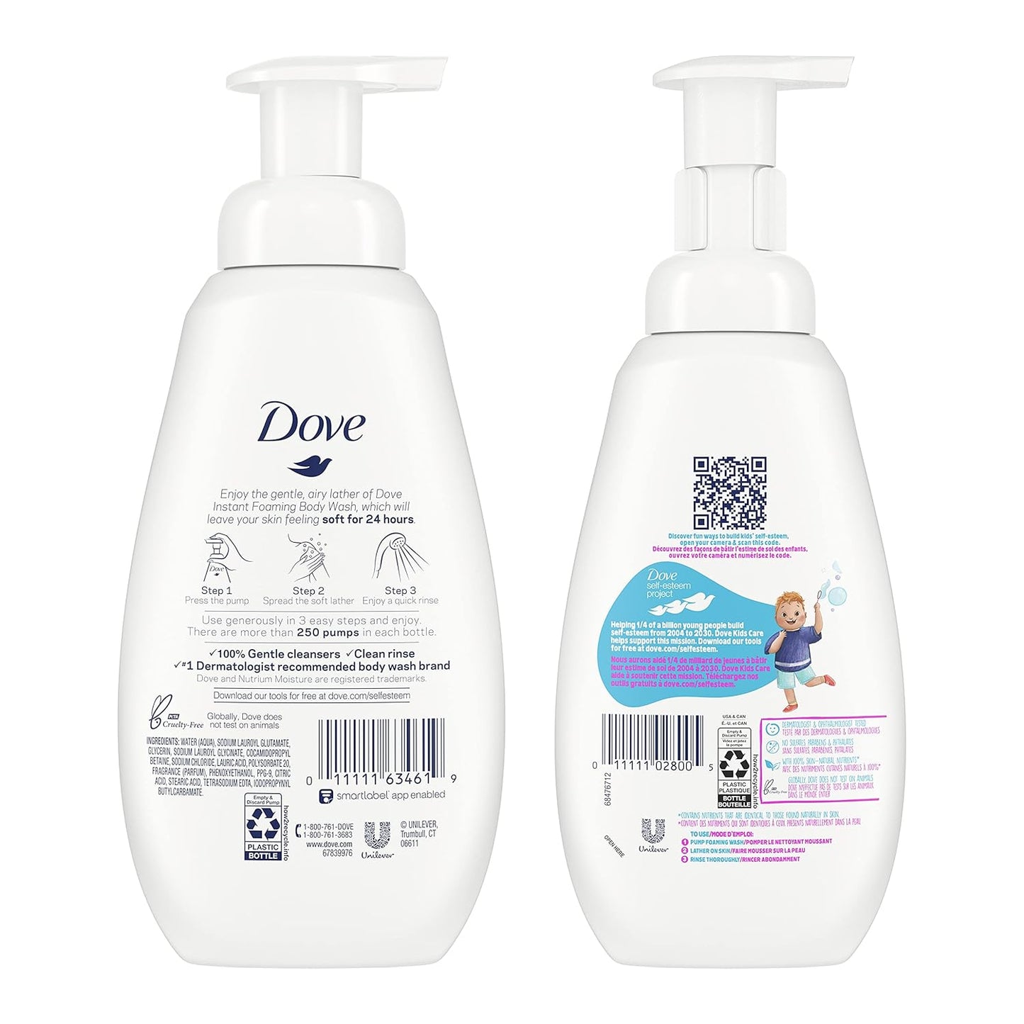 Dove Foaming Body Wash for Soft, Smooth Skin Deep Moisture and Kid's Cotton Candy 2 Skin Care Products for the Family In One Bundle (Pack of 4)