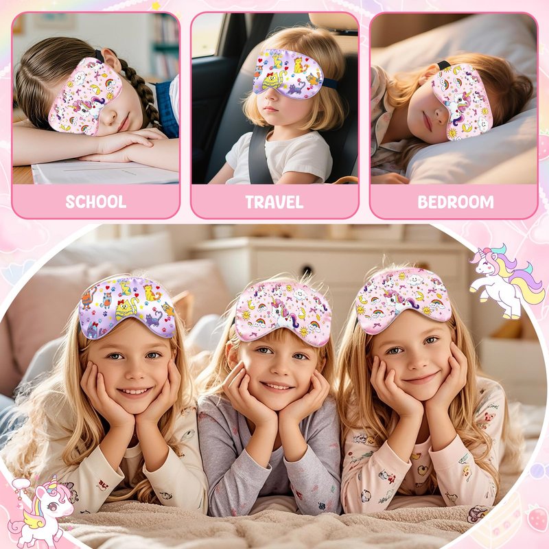2 Pcs Sleep Mask for Kids Girls, Silk Eye Covers for Sleeping, Adjustable Strap & Light Blocking Design, Children's Bedtime Blindfold for Travel and Home Use (Rainbow Unicorn)