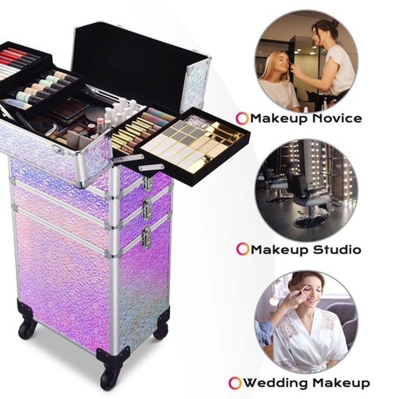 BYOOTIQUE Rolling Makeup Train Case 4in1 Cosmetic Trolley Organizer Travel Case Lockable Salon Barber Case Traveling Cart Trunk with Detachable Wheels for Makeup Artist Trave Nail, Softening Purple