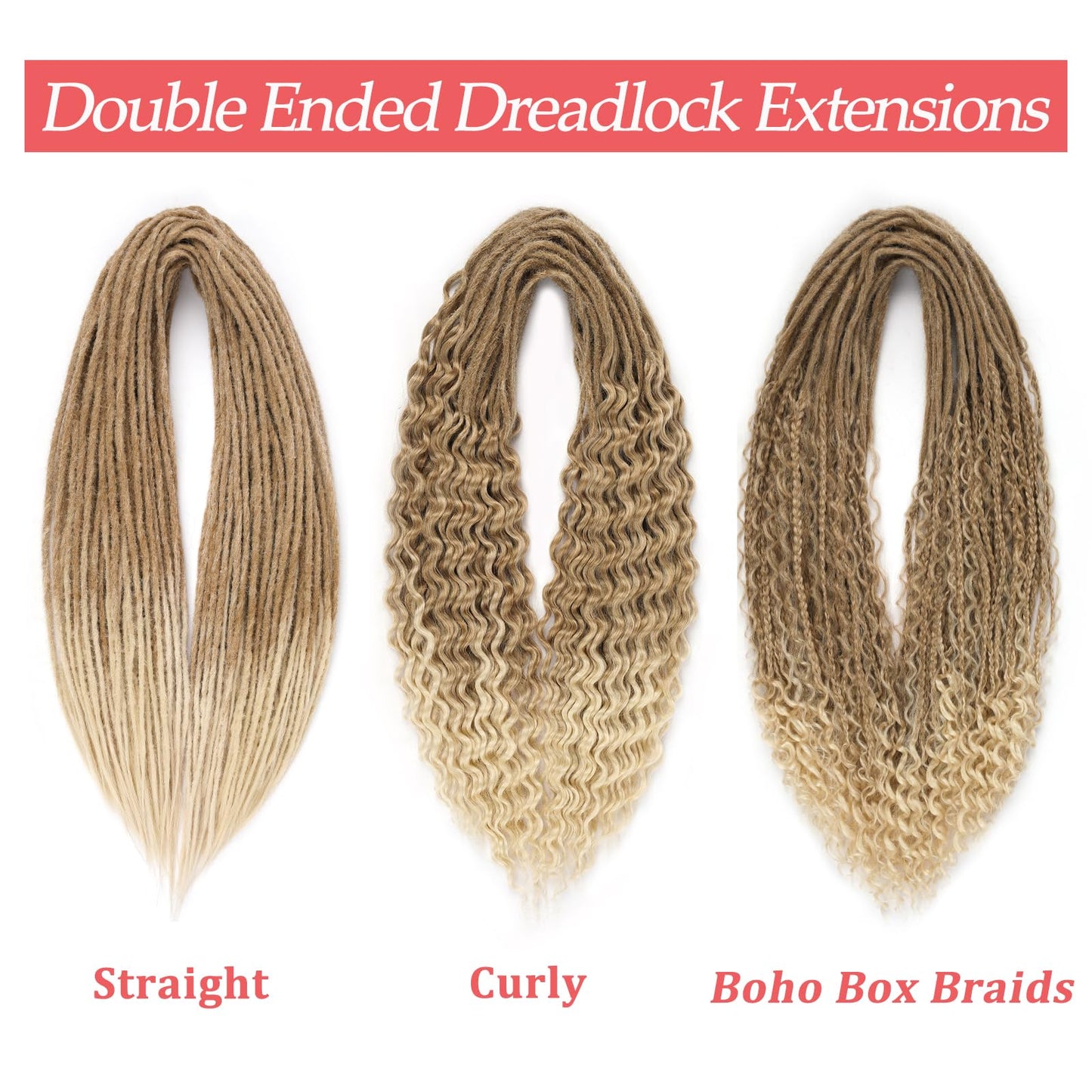 Leeven Boho Synthetic Dreadlock Extensions 24 Inch Ombre 613 Blonde Double Ended Dread Extensions 10 Strands Handmade Boho Box Braids Wavy Curly Ends Braid in Handmade Thin Wool DE Dreads for Women