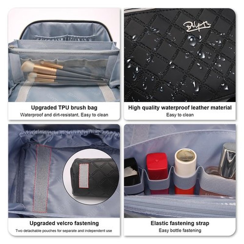 Travel Makeup Bags Cosmetic Organizer Bag: 3-Set Large Capacity Make up Bag - PU Leather Toiletry Bag for Women - Wide Open Portable Pouch with Divider & Handle (07-Black 6)