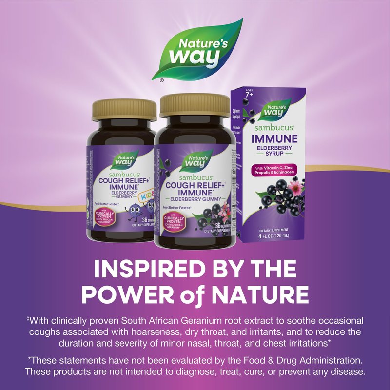 Nature's Way Sambucus Cough Relief +(1) Immune* Elderberry Gummy, Clinically Proven South African Geranium Root Extract(1), Elderberry Extract, Vitamin C & Zinc, 36 Gummies (Packaging May Vary)