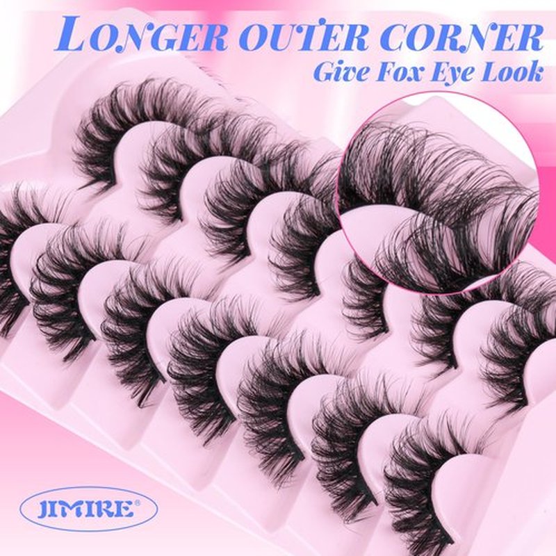 JIMIRE Mink Lashes Fluffy False Eyelashes Volume 6D Cat Eye Lashes 17mm D Curl Strip Lashes Look Like Extensions Fox Eye Fake Lashes 7 Pairs Pack