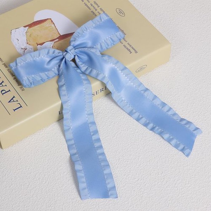 2Pack Hair Bows for Women Girls, Big Silky Satin Ruffle Tassel Hair Ribbon Bowknot Hair Clips Barrettes Wedding Hair Accessories for Bridal with Long Tail Set Red,Antique Blue