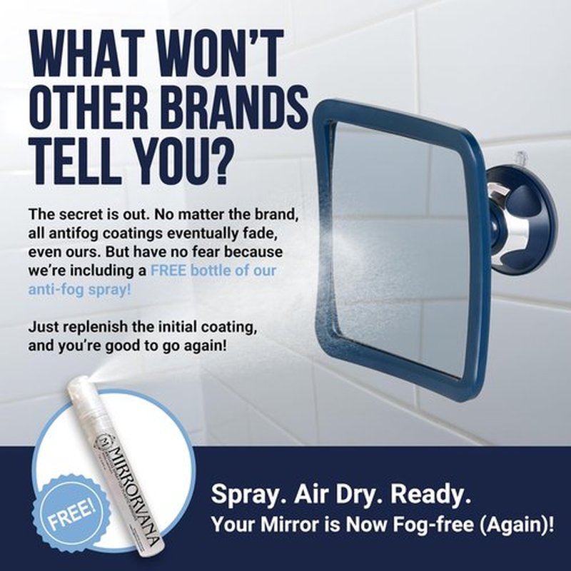 MIRRORVANA Fogless Shower Mirror for Shaving with Upgraded Suction, Anti Fog Shatterproof Surface and 360° Swivel, 6.3" x 6.3" (Blue)