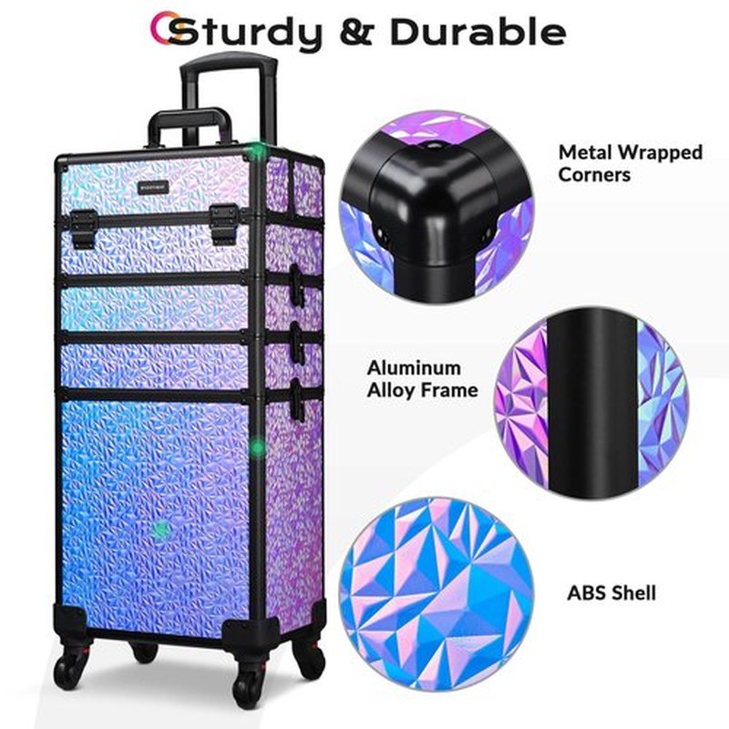 BYOOTIQUE Rolling Makeup Train Case 4in1 Cosmetic Trolley Organizer Travel Case Lockable Salon Barber Case Traveling Cart Trunk with Wheels for Makeup Artist Trave Nail, Mermaid Purple