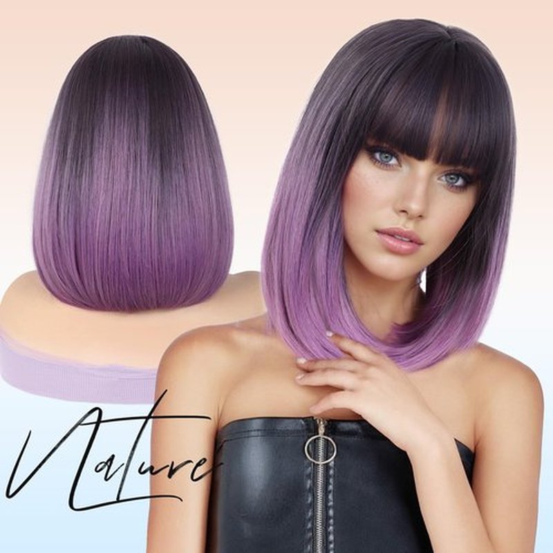 HANNE Purple Wig with Bangs Omber Purple Bob Wigs 14 Inch Straight bob wig Heat Resistant Synthetic Colored wigs for Women