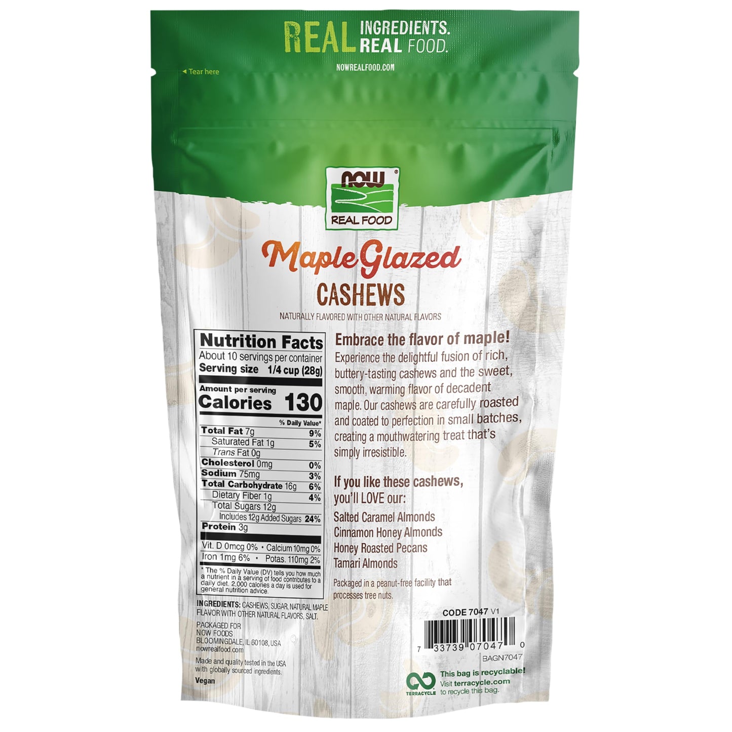 NOW Real Food Maple Glazed Cashews, 10 oz. bag, Crafted in Small Batches, Non-GMO Verified