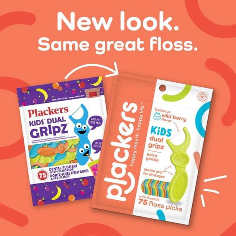 Plackers Kids Dual Gripz Floss Picks with Double Grip Handle, Wild Berry Flavor & Twin-Line Dental Flossers, Cool Mint Flavor, Dual Action Flossing System, Easy Storage