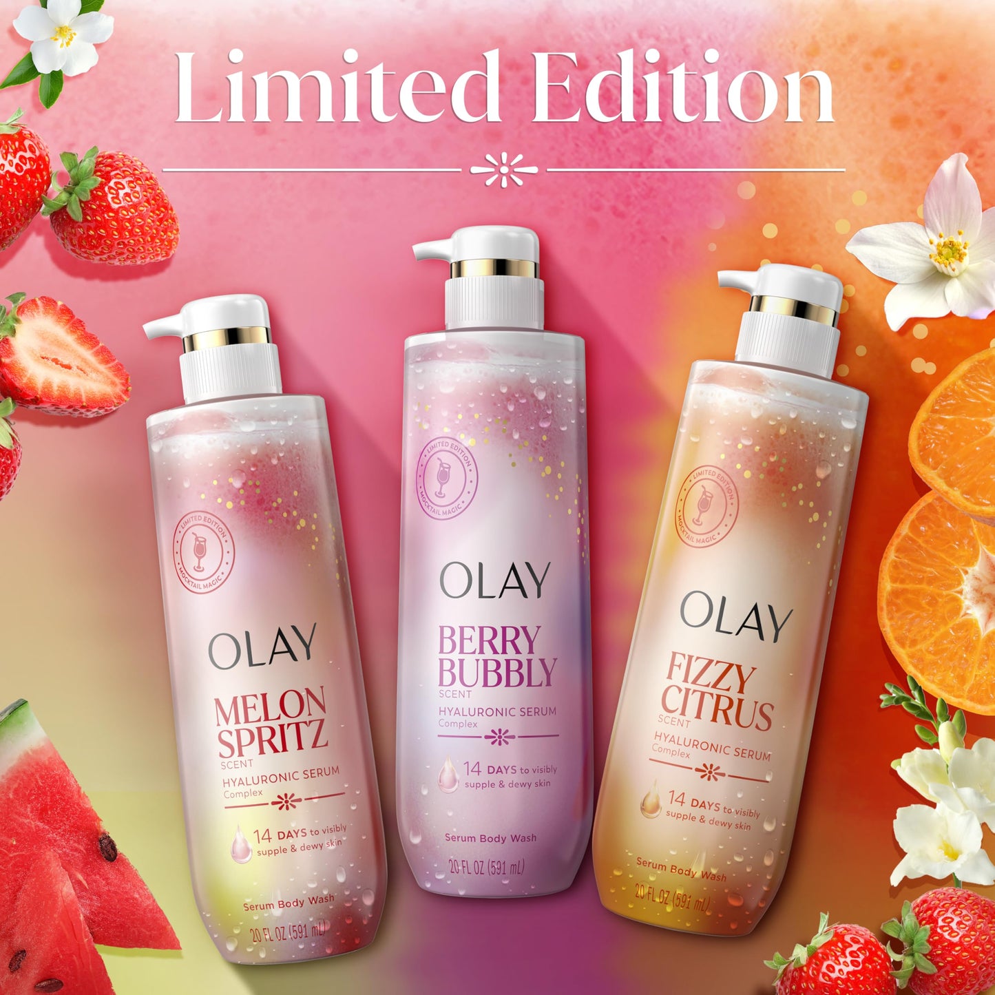 Olay Body Wash for Women, Intensely Hydrating, Pro-Hyaluronic Acid Serum Complex, Renews Moisture, Vitamin B3 Lameller Technology, For All Skin Types, Berry Bubbly Scent, 20 fl oz