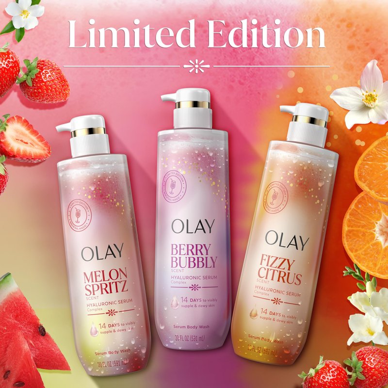 Olay Body Wash for Women, Intensely Hydrating, Pro-Hyaluronic Acid Serum Complex, Renews Moisture, Vitamin B3 Lameller Technology, For All Skin Types, Berry Bubbly Scent, 20 fl oz