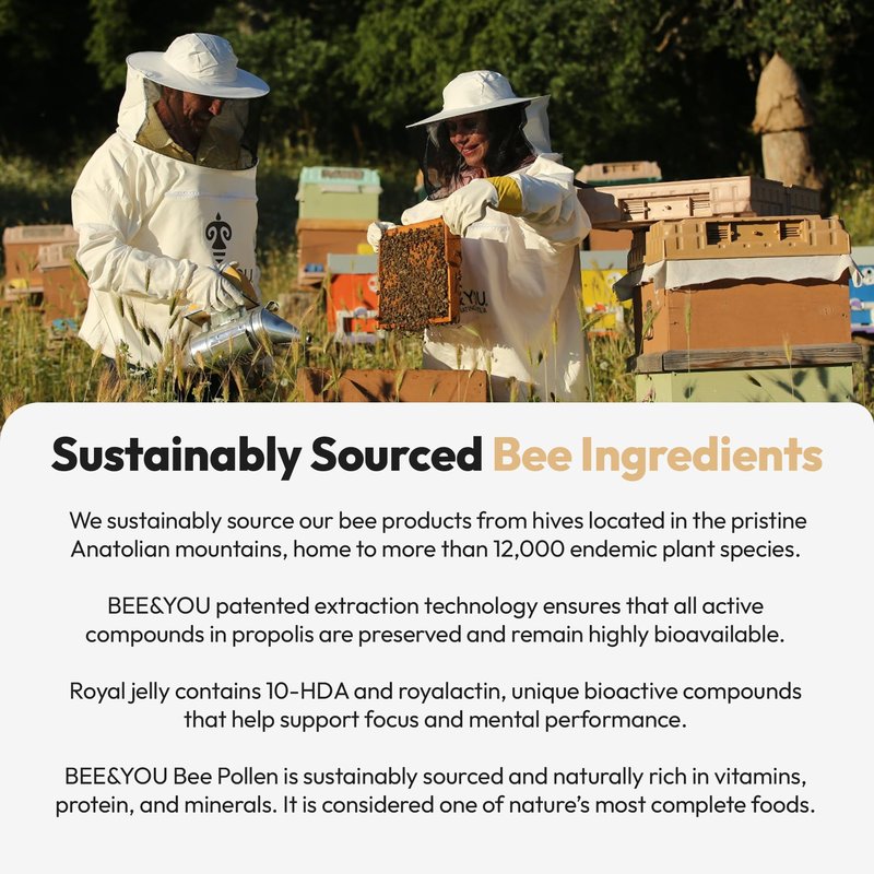Bee and You Royal Jelly Tablet, Propolis Extract, Bee Pollen, 100% Natural Superfood, Ultra Pure, Immune Support Supplement, Improve Energy, Focus, Antioxidants, Fresh, Keto, Paleo, Gluten-Free | 60ct