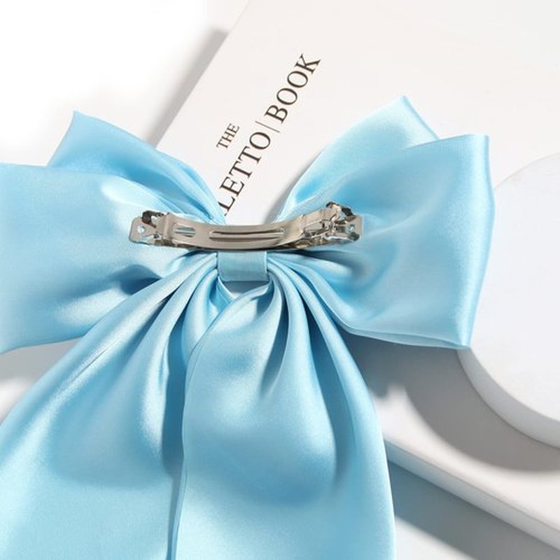 SUSULU Blue Hair Bow Clips for Women Lilac Big Bows Metal Clips French Barrette with Long Tail Satin Ribbon Hairpin Lady Barrettes Scrunchies Ponytail Accessories 2pcs