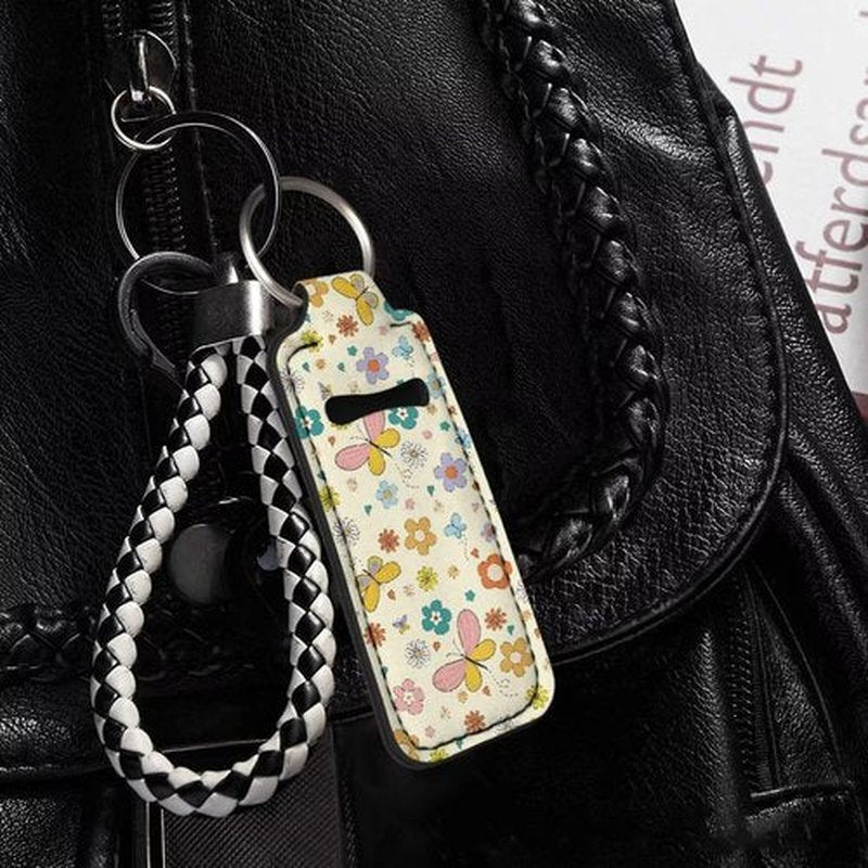 SEANATIVE Butterfly Floral 5 PCS Chapstick Holder Keychain Clip-on Sleeve Chapstick Pouch Neoprene Keychains Lipstick Holder Lip Balm Holster Keychain Holder for Chapstick Tracker
