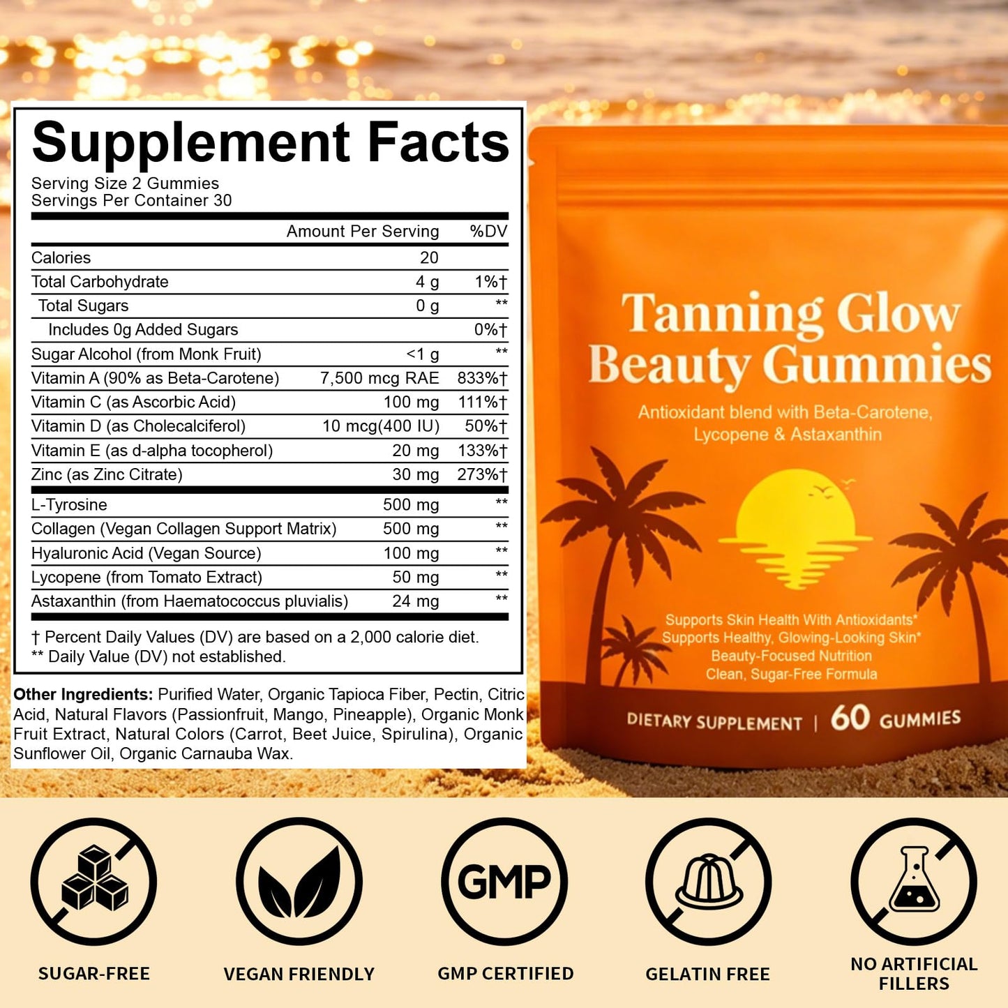 Astaxanthin Tanning Gummies Sun-Free for Women & Men, NO Sugar, With Beta Carotene, Vitamin ACDE Lycopene Enjoy a Tasty, Easy to Carry, No Water Making it Easy Enjoy a Healthy Tan Every Day 60Count