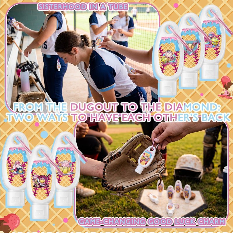 Leelosp 24 Pcs Softball Drip Mini Sunscreen Bulk Travel Size 1oz Cream Drip Party Favor Softball Team Gifts Bulk Sunscreen Keychain with Clip Spf 30 Broad Spectrum Sport Accessory Girl