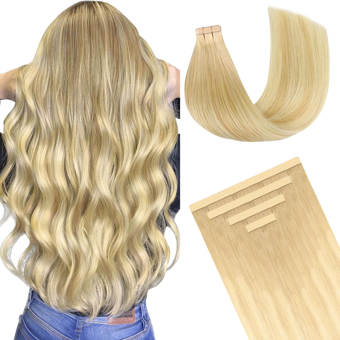 DOORES Tape in Hair Extensions, Drity Blonde Mixed Platinum Blonde 10pcs 25g 14 Inch, Human Hair Extensions Tape in Natural Hair Invisible Tape in Hair Extensions
