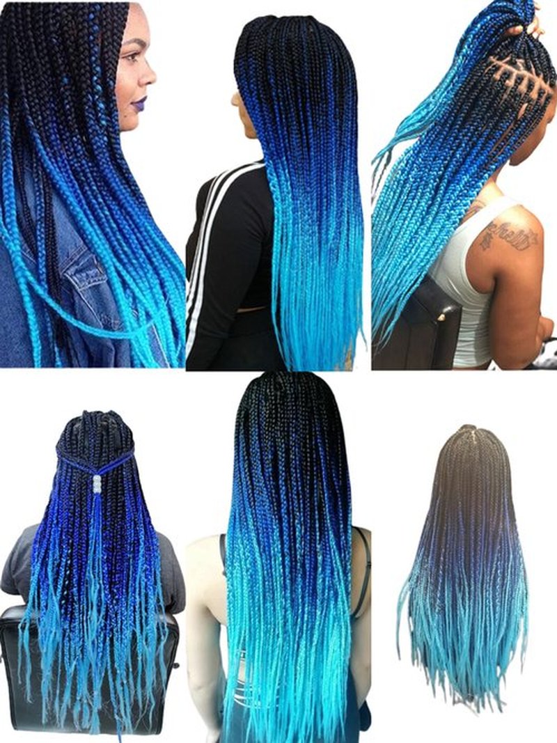Braiding Hair Extension Jumbo Ombre Colorful for Crochet Braiding 6 Packs (High temperature, Synthetic Fiber, 24 inches) (3 Bundles, Black to Blue to Light blue)