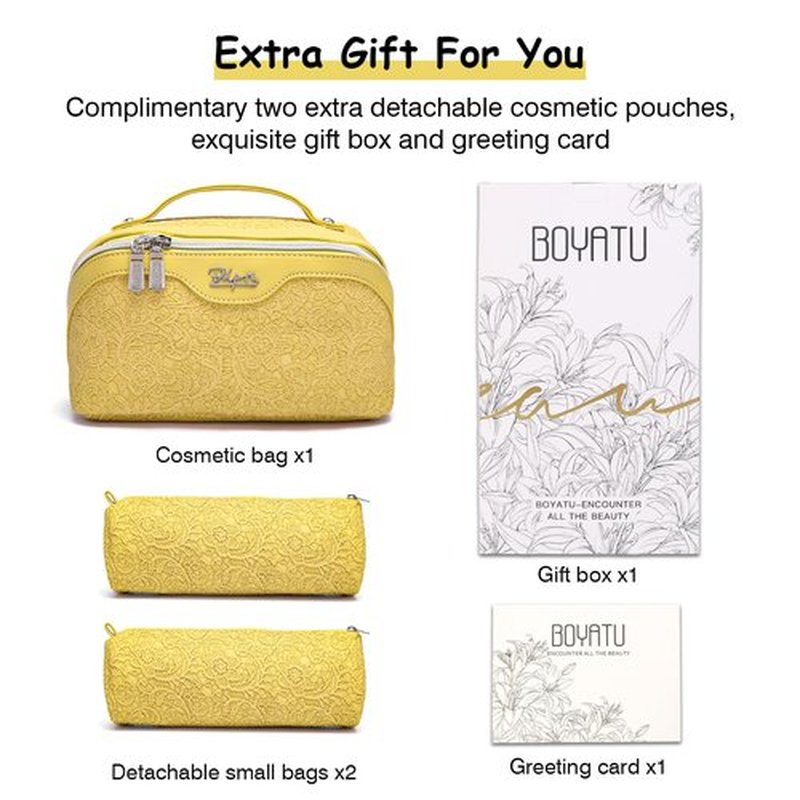 Travel Makeup Bags Cosmetic Organizer Bag: 3-Set Large Capacity Make up Bag - PU Leather Toiletry Bag for Women - Wide Open Portable Pouch with Divider & Handle (06-Yellow)