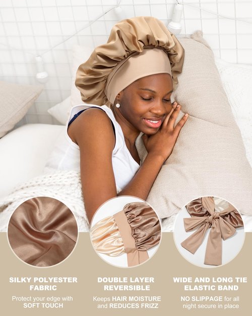 Satin Bonnet for Women Silk Bonnets for Sleeping Curly Hair Bonnet with Elastic Tie Band Reversible Double Layer Sleep Cap Hair Wrap (Brown + Champagne)