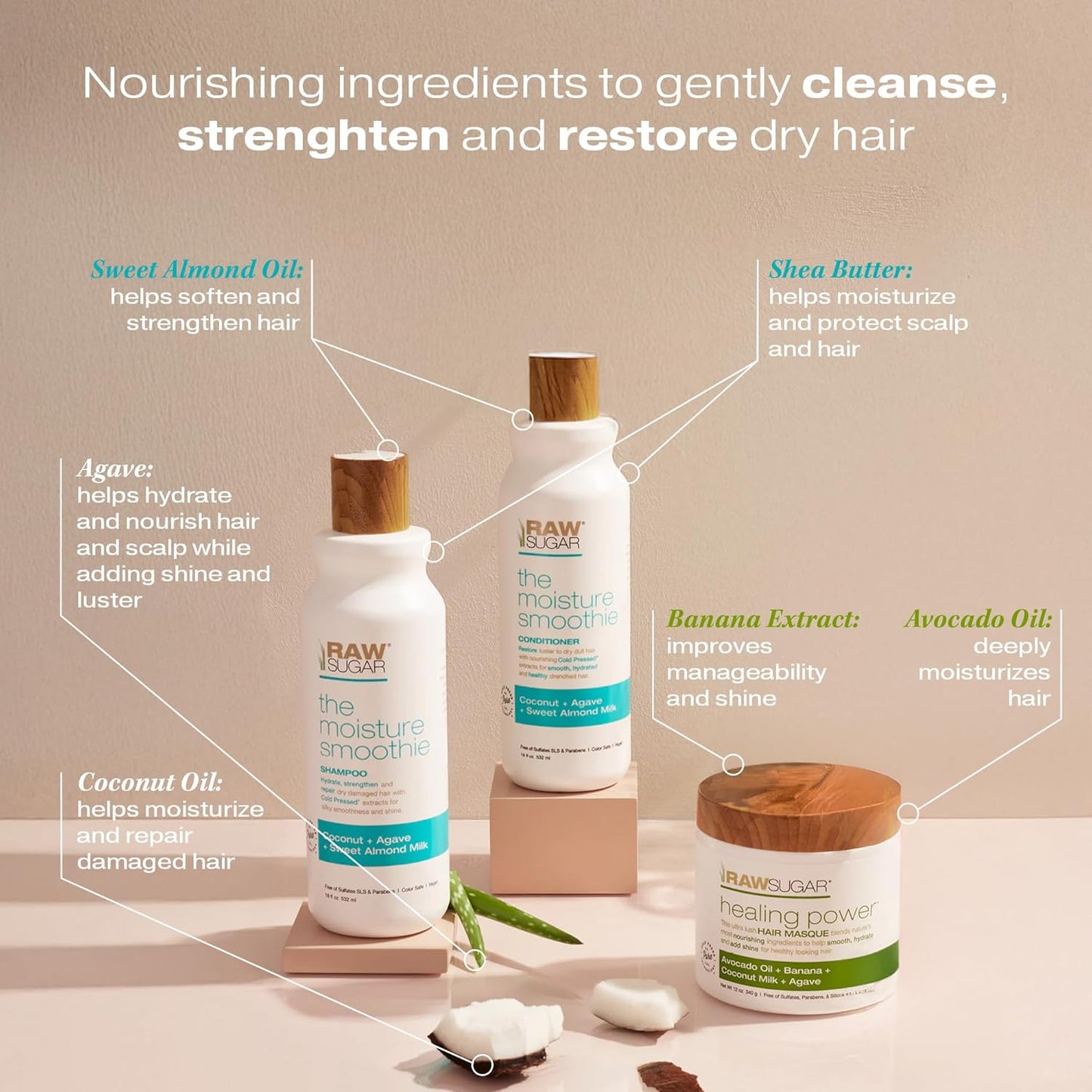 Raw Sugar Moisture Smoothie Shampoo and Conditioner Set, Moisturize & Nourish Dry Hair, Bulk Shampoo and Conditioner with Coconut Oil, Agave & Sweet Almond Oil, Formulated without Sulfates & Parabens