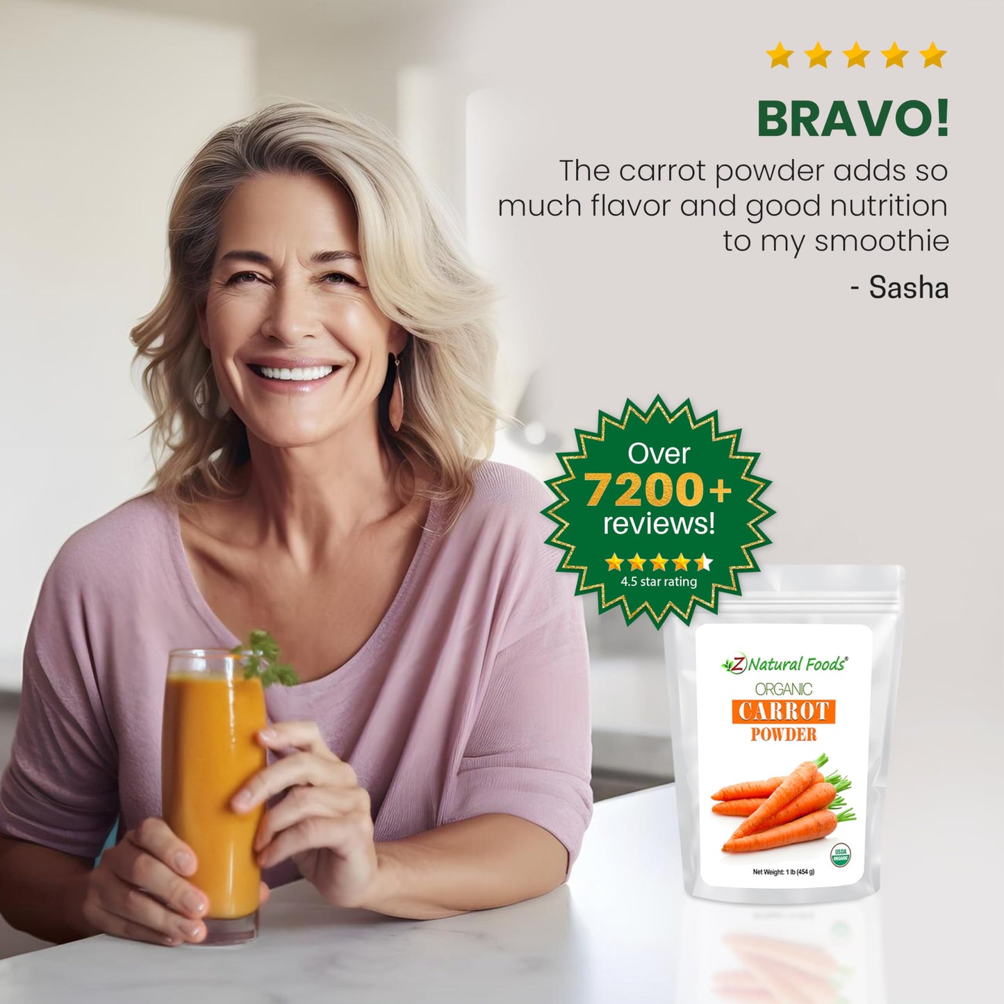 Z Natural Foods Organic Carrot Powder, Natural Superfood Powder for Vision and Heart Health, Great in Juices, Smoothies, and Recipes, Non-GMO, Vegan, Gluten-Free, Kosher, 1 lb.