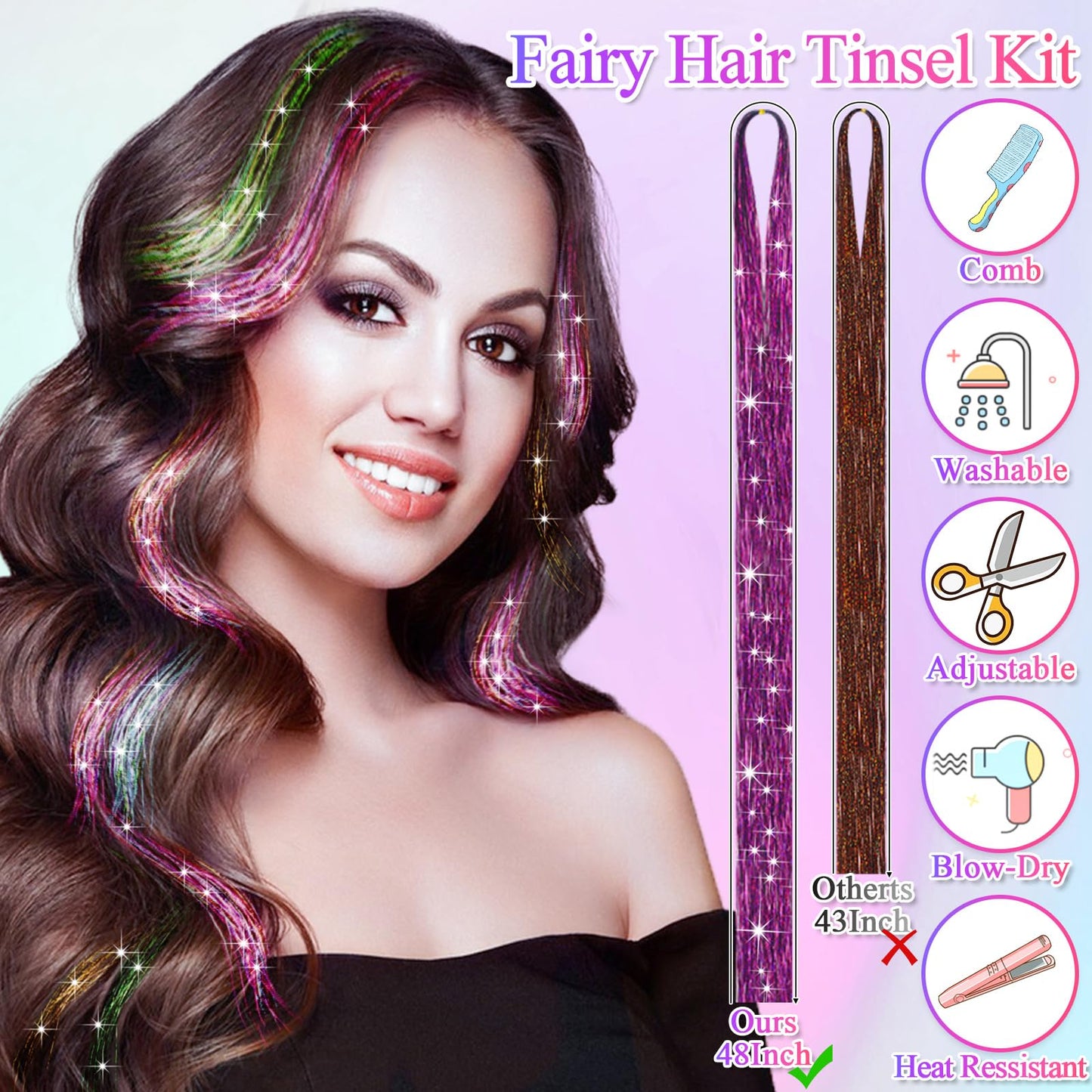 25 Colors Fairy Hair Tinsel Kit 5000 Hair Glitter Strands 48 Inch Heat Resistant Tinsel Hair Extensions Sparkling Shiny Highlights Hair Tinsel with Tools for Christmas Halloween New Year Cosplay Party