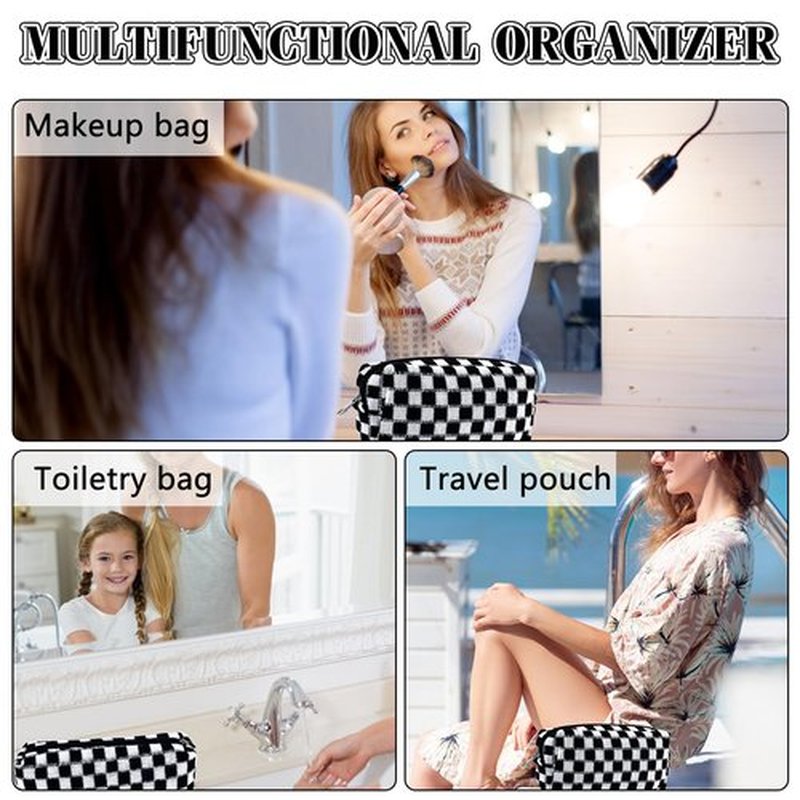 2Pcs Checkered Makeup Bag for Women Cometic Pouch Travel Small Cosmetic Bag Set Cute Makeup Pouch for Purse Portable Zippered Skincare Bag Toiletry Bag Organizer Preppy Trendy Storage Bag(Black)