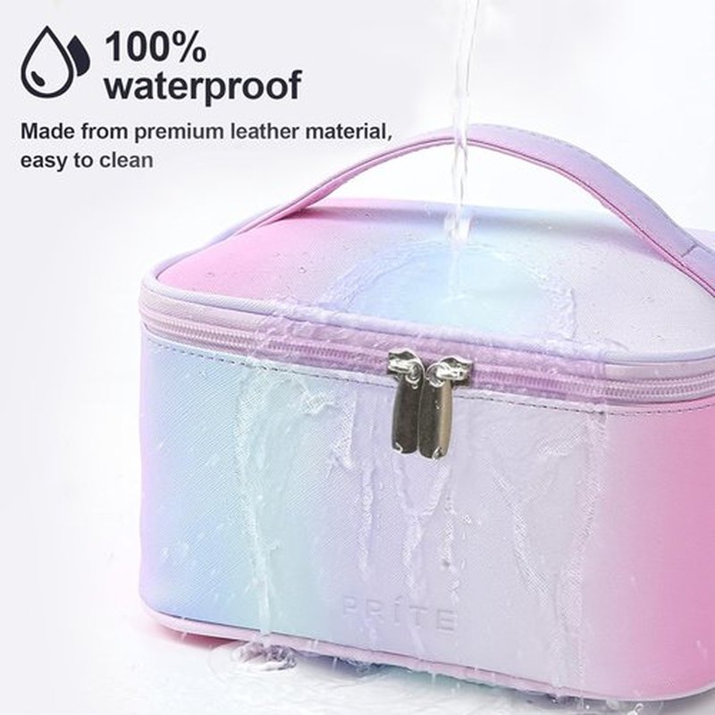 Makeup Bag Portable Travel Cosmetic Bag for Women, Beauty Zipper Makeup Organizer PU Leather Washable Waterproof(Rainbow Pink)