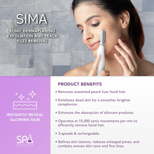 SPA SCIENCES - SIMA Dermaplaning Tool - Patented Painless 2 in 1 Facial Exfoliation & Peach Fuzz-Hair Removal System w/ 7 Weeks Treatment Included - Anti-Aging – 3 Speeds - Rechargeable