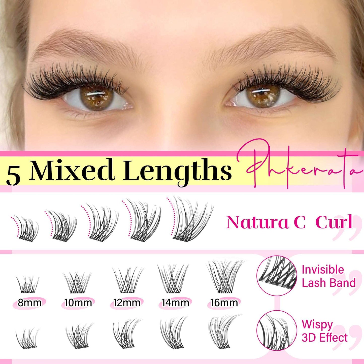 PHKERATA Wispy Lash Clusters Invisible Band Eyelash Clusters Natural Lashes Clusters 120 pcs C Curl Cluster Eyelash Extensions Ultra Thin Clear Band Individual Lashes at Home, 8-16mm