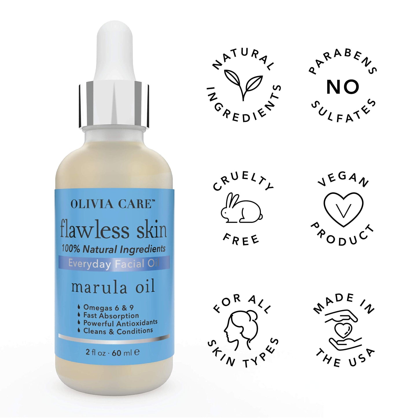 Olivia Care Flawless Essential Facial Oil 100% Natural. Stabilize & Retain Moisture (Marula)