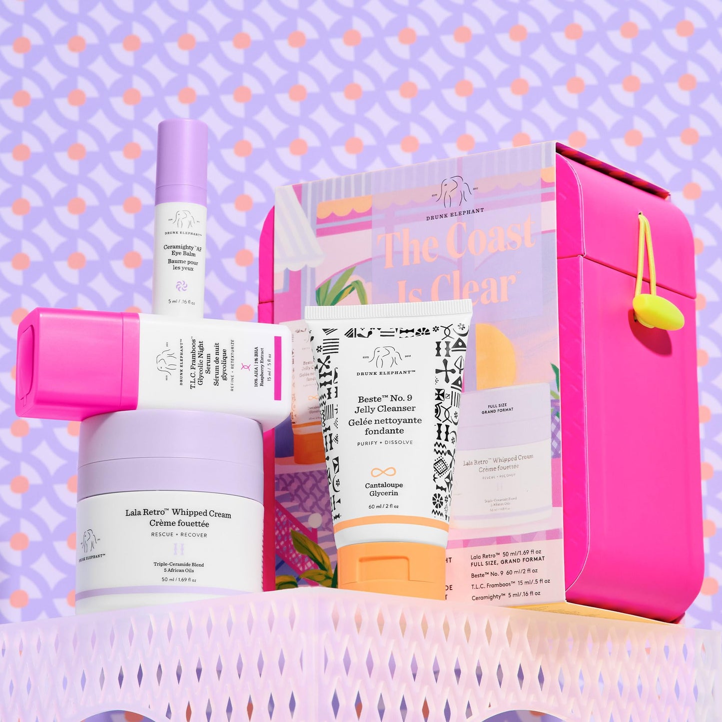Drunk Elephant The Coast Is Clear Night Kit - Includes Lala Retro (50 ml/1.69 fl oz), T.L.C. Framboos (15 ml/.5 fl oz), Ceramighty (5 ml/.16 fl oz), and Beste No. 9 60 ml/2 fl oz)
