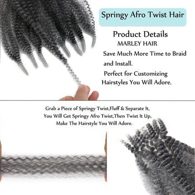 12 Inch Springy Afro Twist Hair Marley Twist Braiding Hair 8 Packs Dark Grey Kinky Twist Hair Short Marley Hair Wrapping Hair for Soft Locs Passion Hair Extensions