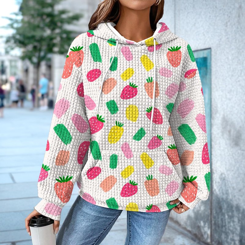 Graphic Hoodies for Women Fashion Strawberry Floral Print Long Sleeve Drawstring Hooded Sweatshirts Loose Casual Waffle Knit Crewneck Pullover Tops with Pocket Comfy Fall Winter Outfits 2025,L