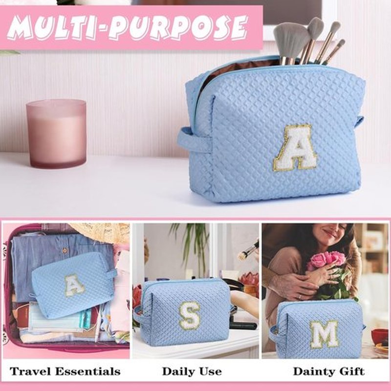 YOOLIFE Gifts for Women Girls - Birthday Gifts for Women, Personalized Gifts for Girl Her Mom Friend Sister Bridesmaid Teacher Women, Teen Girl Gifts Ideas, Blue Initial Makeup Bag Cosmetic Bag A