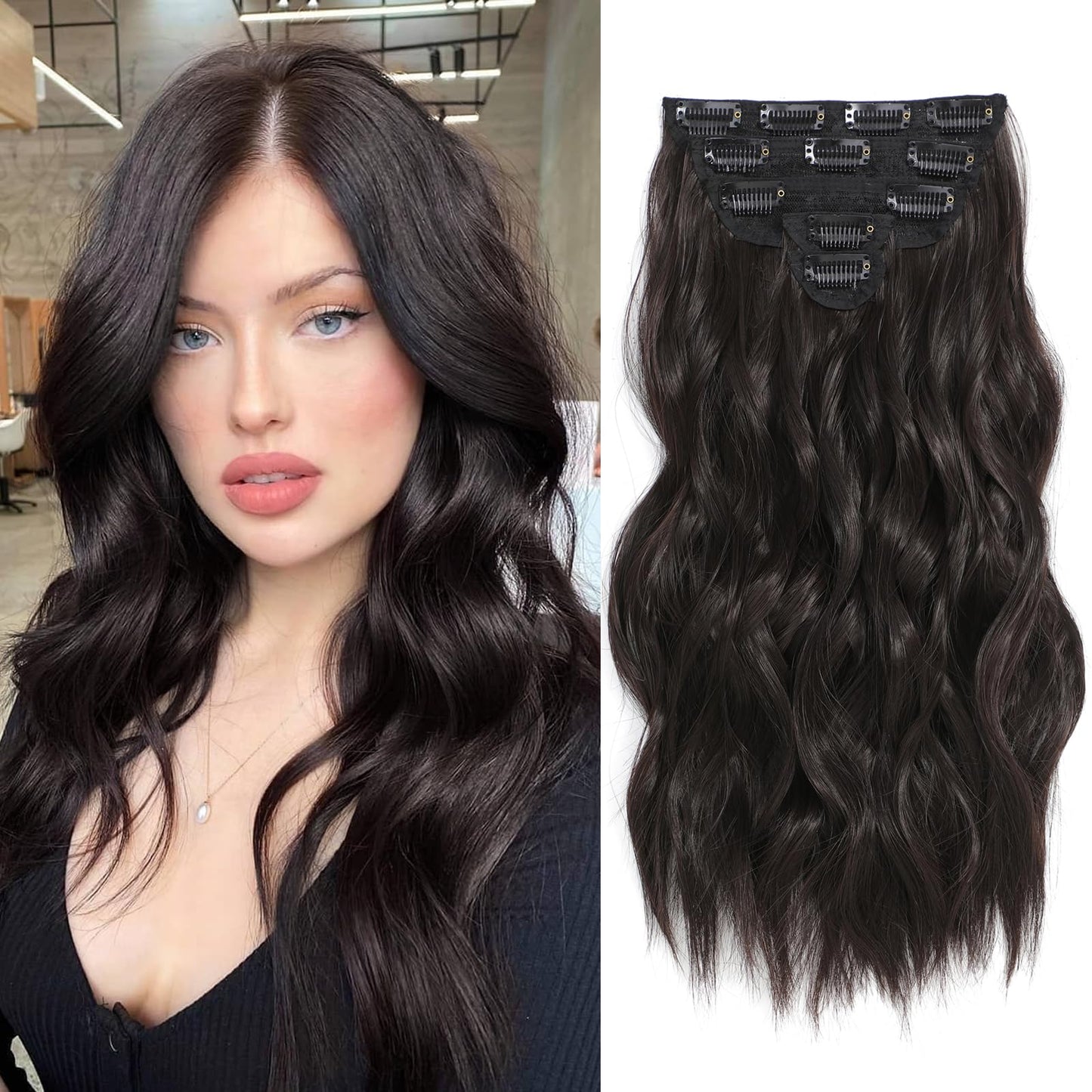 Fliace Clip in Hair Extensions, 6 PCS 1 6 Inch Hair Extensions Clip Ins, Dark Brown Long Wavy Hairpieces(16inch, 6pcs, Dark Brown)