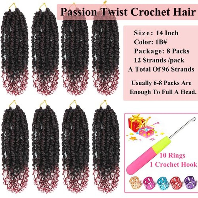 Alrence Passion Twist Crochet Hair 8 Packs Pre twisted Passion Twist Hair For Women Soft Bohe Pre-looped Crochet Braids (14 Inch (Pack of 8), 1B/BG)