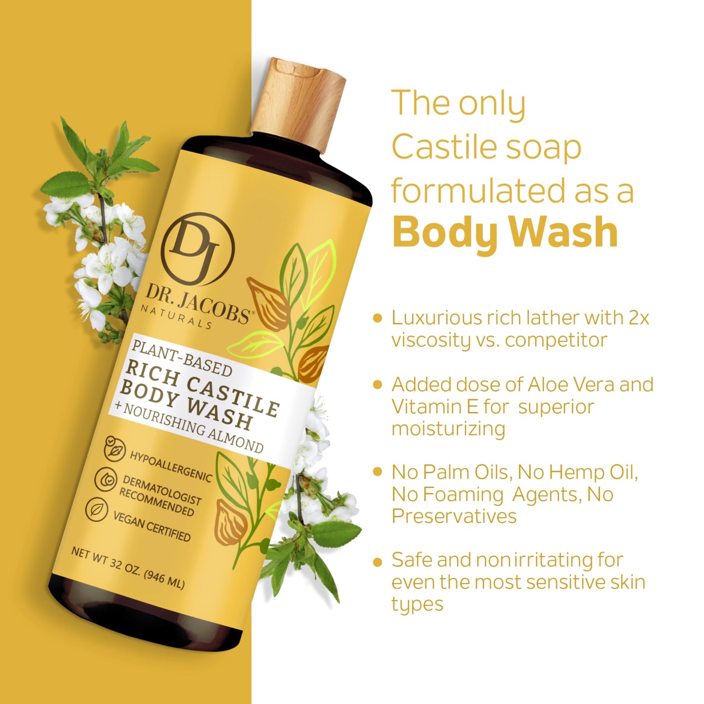 DR. JACOBS NATURALS Castile Almond All-Natural Body Wash for Moisturizing Dry and Sensitive Skin Shampoo with Plant-Based Ingredients Gluten, Preservatives-Free Formula - 16 oz, Pack of 2