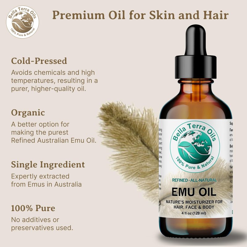 Bella Terra Oils - Emu Oil 8 oz - Australian Legacy, Famed for Omega-3, Omega-6 & Omega-9, The Natural Secret to Radiant Skin