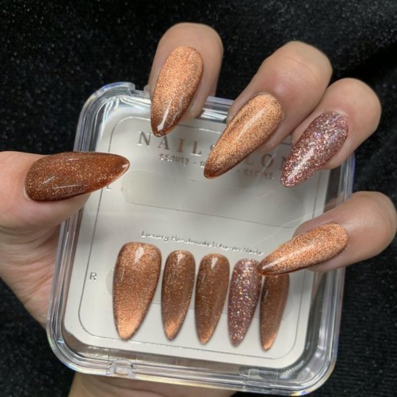 CAMILCY Handmade Nails Press on Almond Nail Pointed Green Gold Crystal Glitter Design Hand painted Reusable Gel UV Finished Pre shaped False Nails for Women 10pcs 3D Handmade Nails (A031, L)