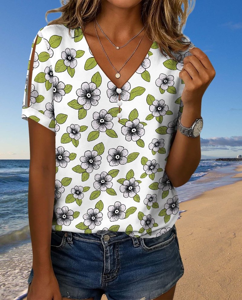 Summer Floral Print Boho Blouses for Women Casual Loose Fit Top Front Button V Neck Tee with Slit Short Sleeves Lightweight Relaxed Shirts