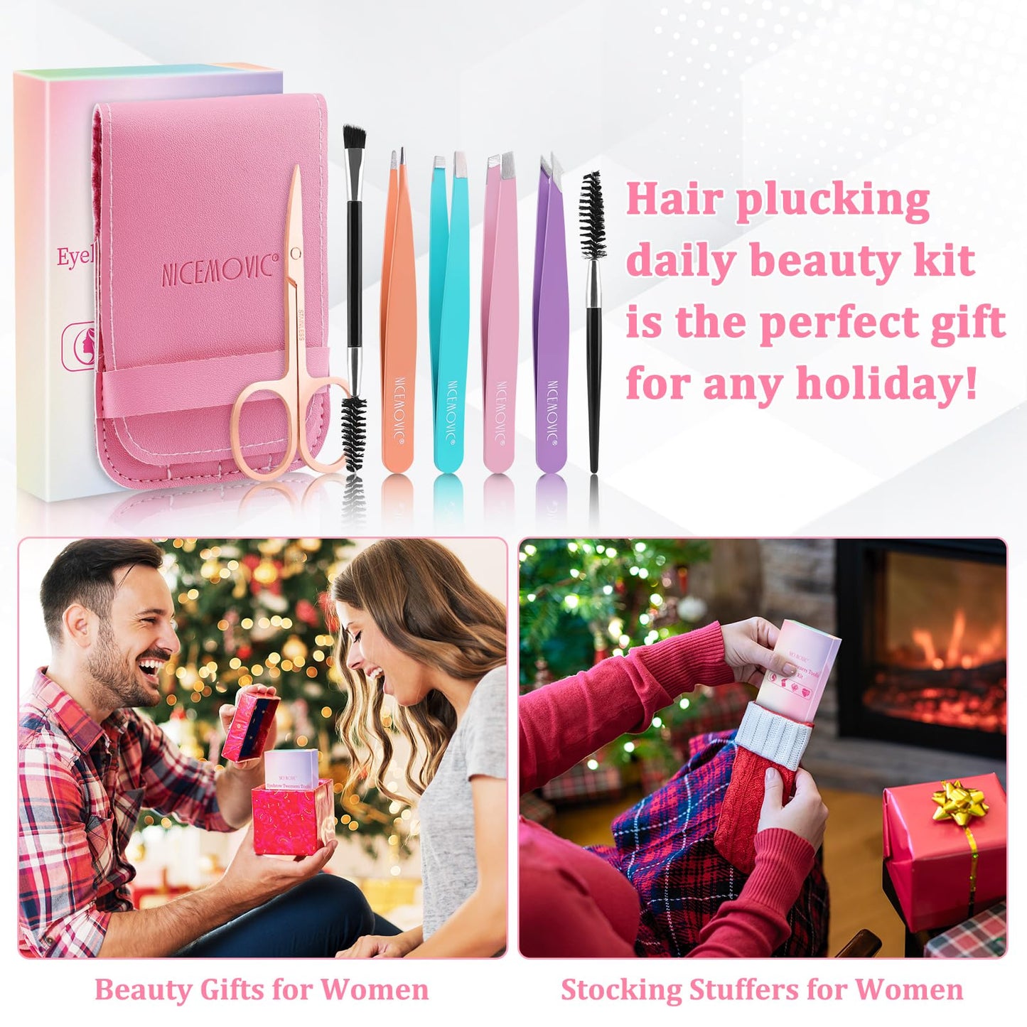 NICEMOVIC Tweezers for Women Facial Hair 7 Pcs, Stocking Stuffers