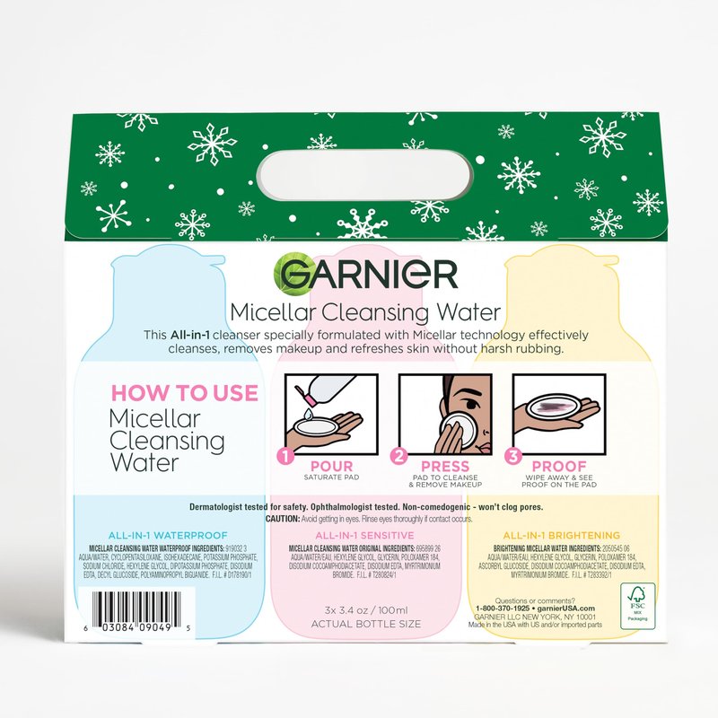 Garnier SkinActive Micellar Holiday Skincare Gift Set, Includes 3 Travel Size Micellar Water Formulas, Includes 100ml Original, Waterproof and Vitamin C Formulas, 1 Kit
